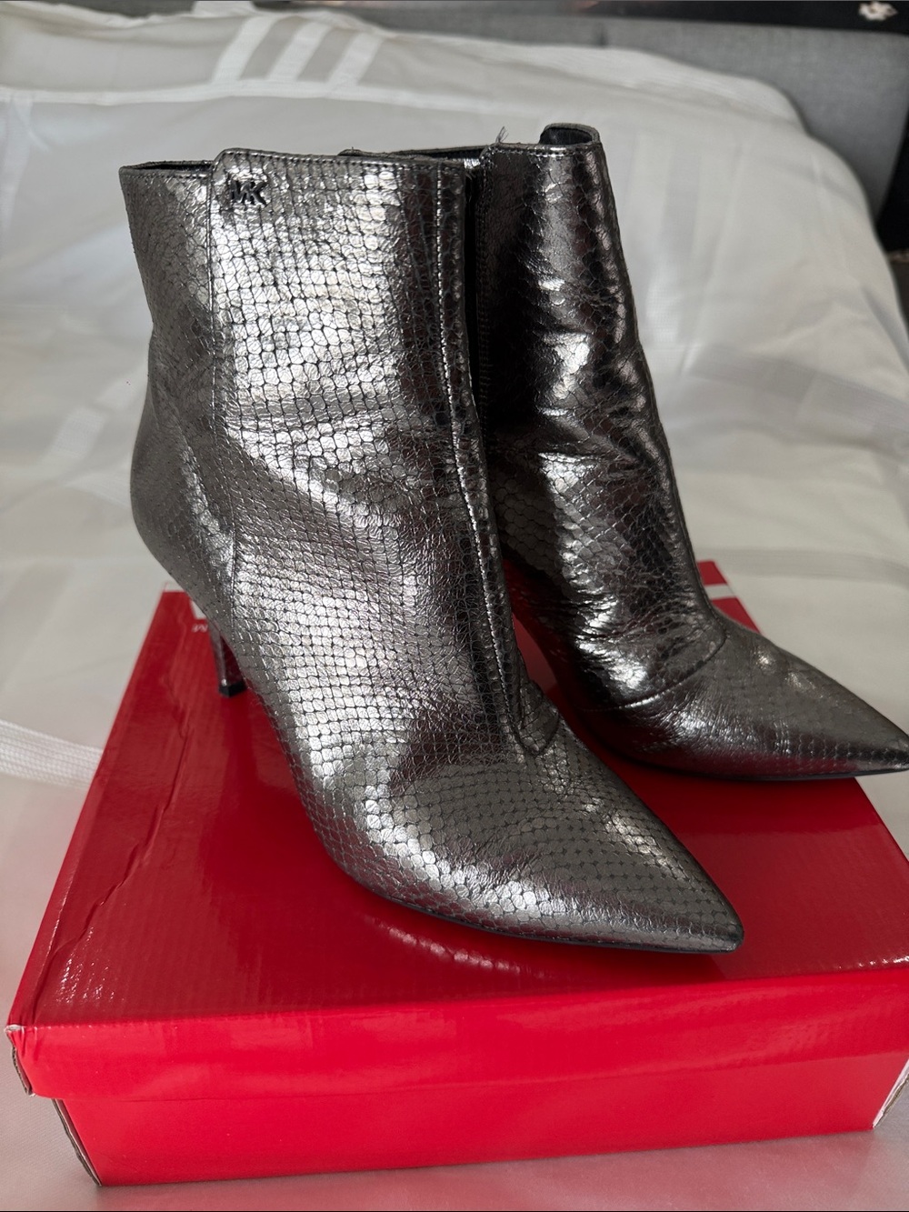 Michael Kors Metallic Silver Textured Pointed Ankle Boots